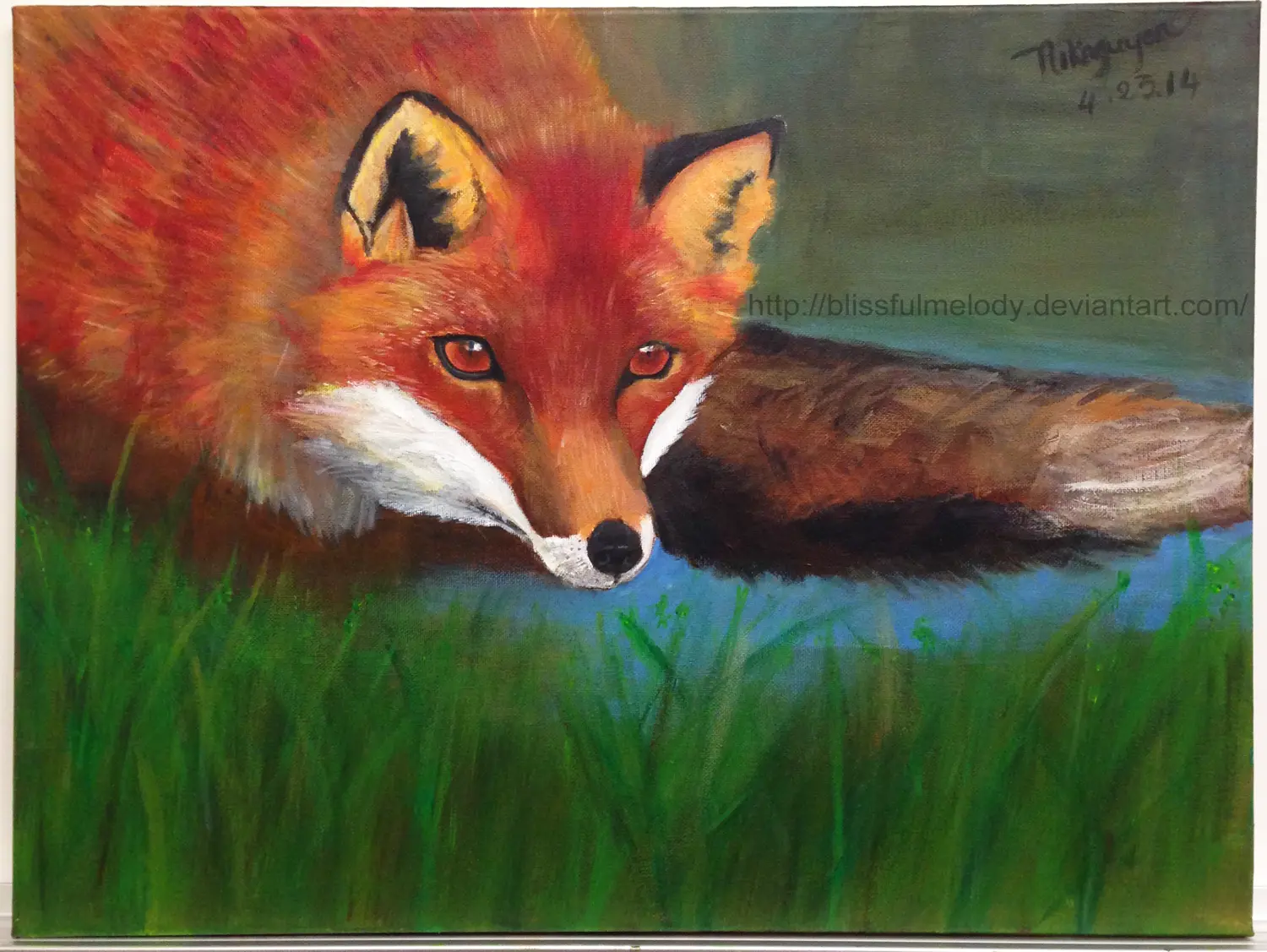 Acrylic painting by Nikki of a red fox resting in green grass